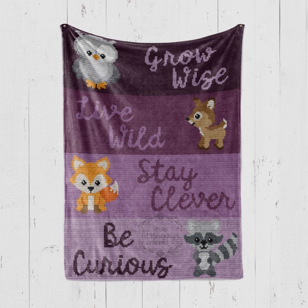 Animali del bosco-Volpe-Rimani intelligente-Gufo-Cresci saggio-Cervo-Vivi selvaggio-Procione-Sii curioso-Grafico all'uncinetto-Coperta per neonato-Modello all'uncinetto