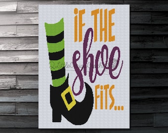May include: A white background with the text "If the shoe fits..." in orange and purple. A green and black witch's boot is on the left side of the image.