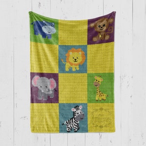 Dschungeltiere-Löwe-Elefant-Nilpferd-Zebra-Affe-Giraffe-Häkelanleitung-Häkelanleitung-Babydecke-Häkelanleitung