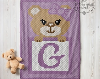 c2c G Initial Girl Bear Pattern Baby Blanket Corner to Corner Crochet Graph Toddler Woodland Nursery Baby Shower Gift