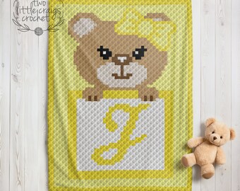 c2c J Initial Girl Bear Pattern Baby Blanket Corner to Corner Crochet Graph Toddler Woodland Nursery Baby Shower Gift