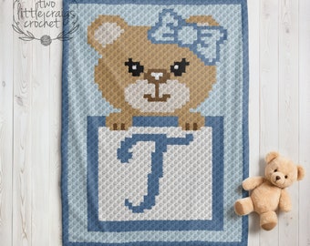 c2c T Initial Girl Bear Pattern Baby Blanket Corner to Corner Crochet Graph Toddler Woodland Nursery Baby Shower Gift
