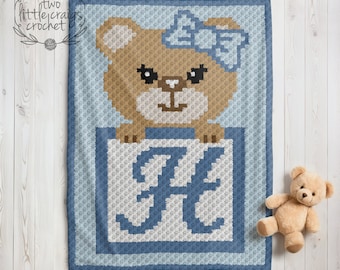 c2c H Initial Girl Bear Pattern Baby Blanket Corner to Corner Crochet Graph Toddler Woodland Nursery Baby Shower Gift