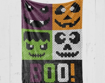 即時ダウンロード - ハロウィーンの顔 - かぎ針編みグラフ - かぎ針編みパターン - ハロウィーングラフ - 幼児用ブランケット - コーナーからコーナー -C2C - C2C グラフ