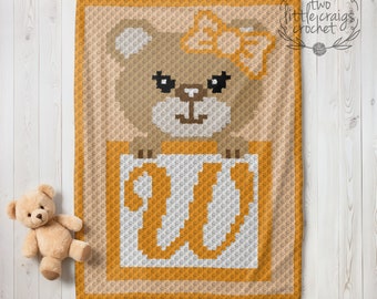 c2c W Initial Girl Bear Pattern Baby Blanket Corner to Corner Crochet Graph Toddler Woodland Nursery Baby Shower Gift