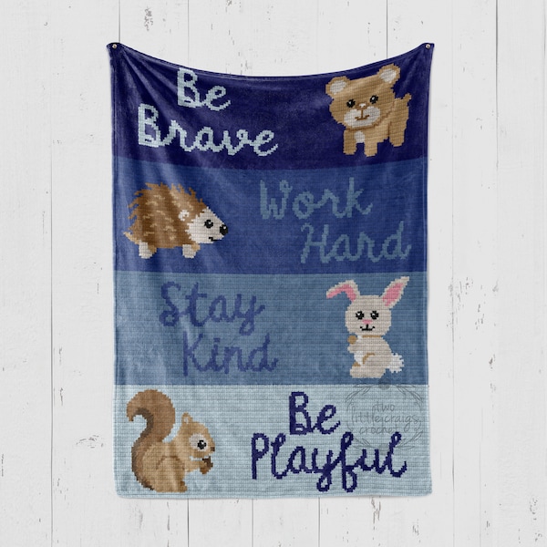 Animali del bosco-Orso-Sii coraggioso-Riccio-Lavora sodo-Coniglietto-Stai gentile-Scoiattolo-Sii giocoso-Grafico all'uncinetto-Coperta per neonato-Modello all'uncinetto