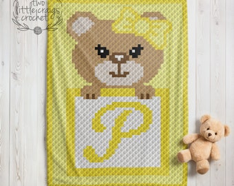 c2c P Initial Girl Bear Pattern Baby Blanket Corner to Corner Crochet Graph Toddler Woodland Nursery Baby Shower Gift