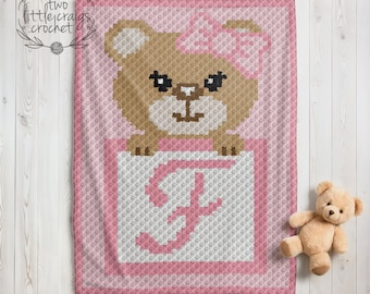 c2c F Initial Girl Bear Pattern Baby Blanket Corner to Corner Crochet Graph Toddler Woodland Nursery Baby Shower Gift