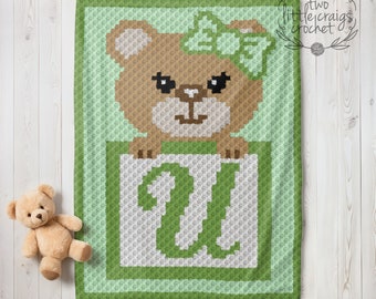 c2c U Initial Girl Bear Pattern Baby Blanket Corner to Corner Crochet Graph Toddler Woodland Nursery Baby Shower Gift