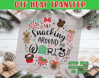 Snacking Around the World Christmas DTF Iron On Heat Transfer HTV Disney Epcot Snacks Mickey Ice Cream Bar Popcorn