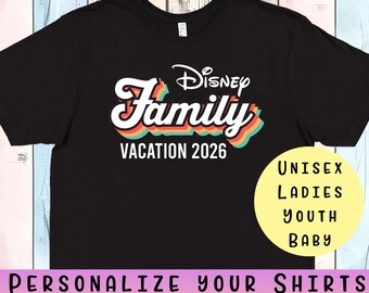 Retro Throwback Matching Disney Family Trip Vacation 2026 Custom Shirts Disney World Disneyland Colorful Personalized