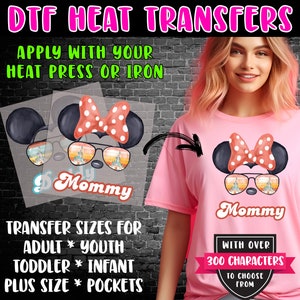 May include: A pink t-shirt with a cartoon image of a mouse wearing sunglasses and a red bow. The text "Mommy" is printed on the shirt. The image is a DTF heat transfer that can be applied with a heat press or iron. The text "With over 300 characters to choose from" is also printed on the shirt.