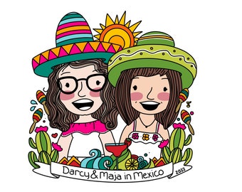 Ilustración de retrato familiar personalizado: dibujo animado personalizado (digital) para vacaciones