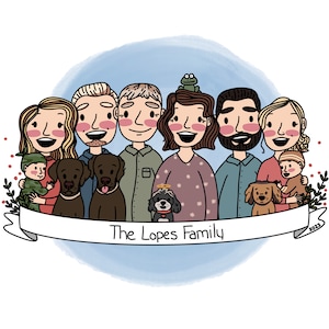 Retrato de FAMILIA - Ilustraciones digitales personalizadas: regalo, retrato de Navidad, mascotas, pareja, mamá, dibujo, caricatura, impresión, abuela