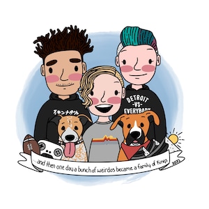 Portrait de famille - illustrations numériques personnalisées : cadeau, portrait de Noël, animaux de compagnie, couple, maman, dessin, bande dessinée, impression, grand-mère