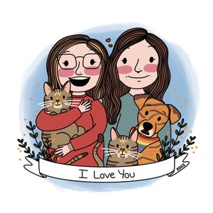 Retrato de pareja - Ilustraciones digitales personalizadas: regalo, Navidad, mascotas, pareja, aniversario, dibujo, caricatura, impresión, cumpleaños