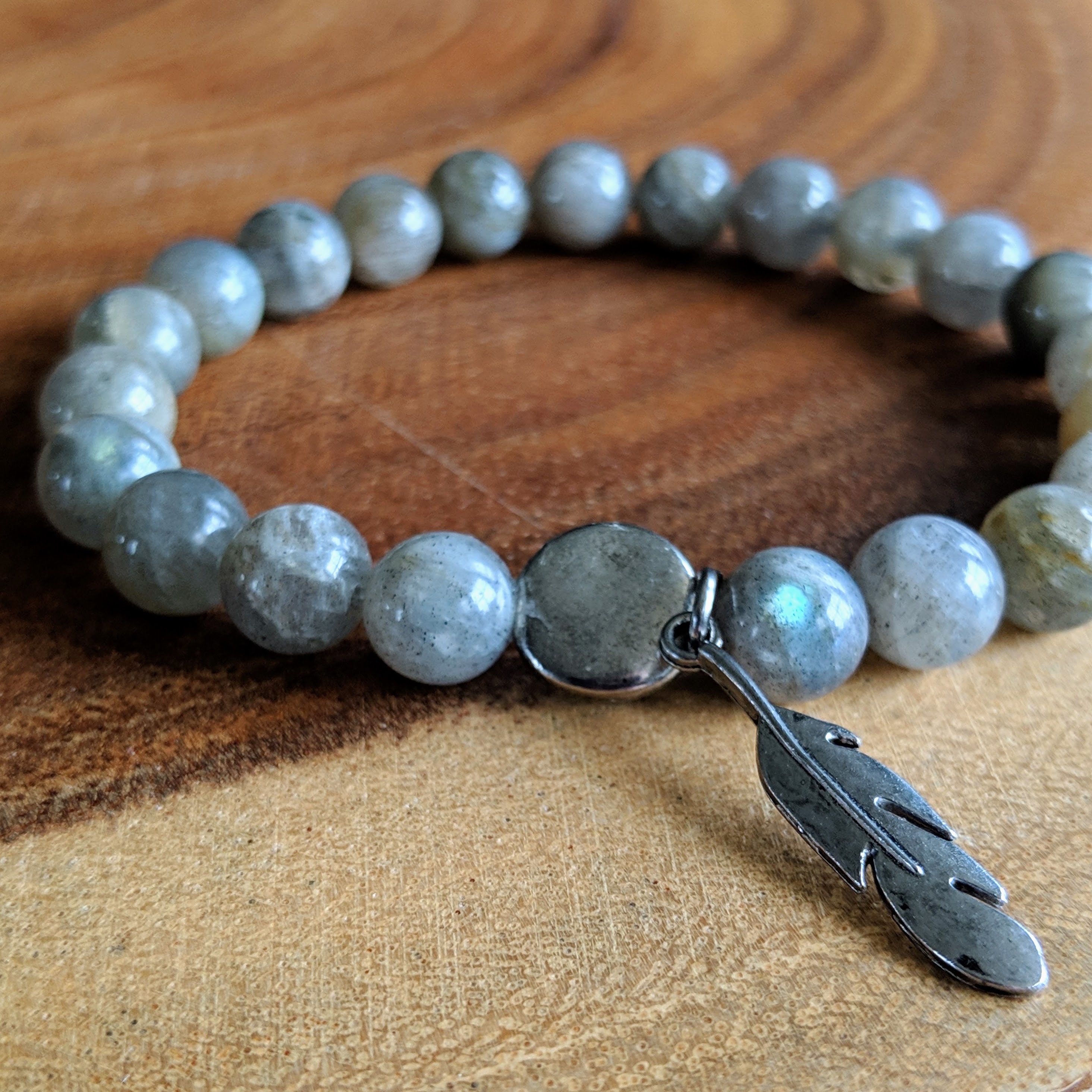 Iridescent Labradorite & Silver Feather Beaded Bracelet - Etsy