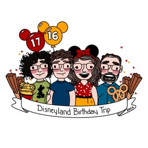 Retrato FAMILIAR DISNEY - Ilustración digital personalizada personalizada: Regalo, Disneyland, Mascotas, Pareja, Mamá, Dibujo, Dibujos animados, Navidad