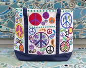 Peace Sign and Paisleys Hand Painted Canvas Tote Bag/Ready to Ship Canvas Beach Bag/Large Tote Bag Painted with Colorful Peace Signs