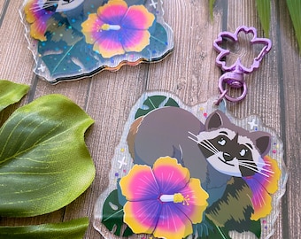 Hibiscus Raccoon - 2.5" holographic acrylic keychain