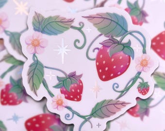 CŒUR DE FRAISE - Autocollant en vinyle holographique de 7,6 cm