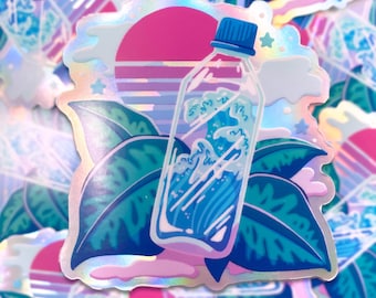 BOUTEILLE D'EAU VAPORWAVE - Autocollant vinyle holographique 3"
