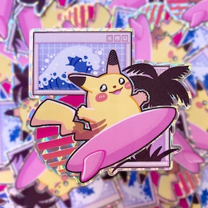 May include: A yellow Pikachu sticker surfing on a pink surfboard, with a wave and palm tree graphic. The sticker has a holographic finish and is surrounded by other similar stickers.
