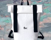 SUPER SALE!White leatherette unisex city backpack with black straps. Everyday handy leatherette bag with zippered pockets