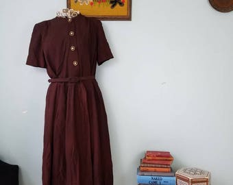 Vintage 1950s maternity growing dress; brown dress; pinup; rockabilly