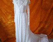 Late 70 39 s Gunne Sax style wedding gown, prairie wedding dress, 1970s, satin and lace, button back, open back, plunging neckline, train, veil
