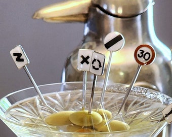 Art Deco Cocktail Picks Sterling Enamel Road Signs Birmingham S Blanckensee & Son 1935 Antique