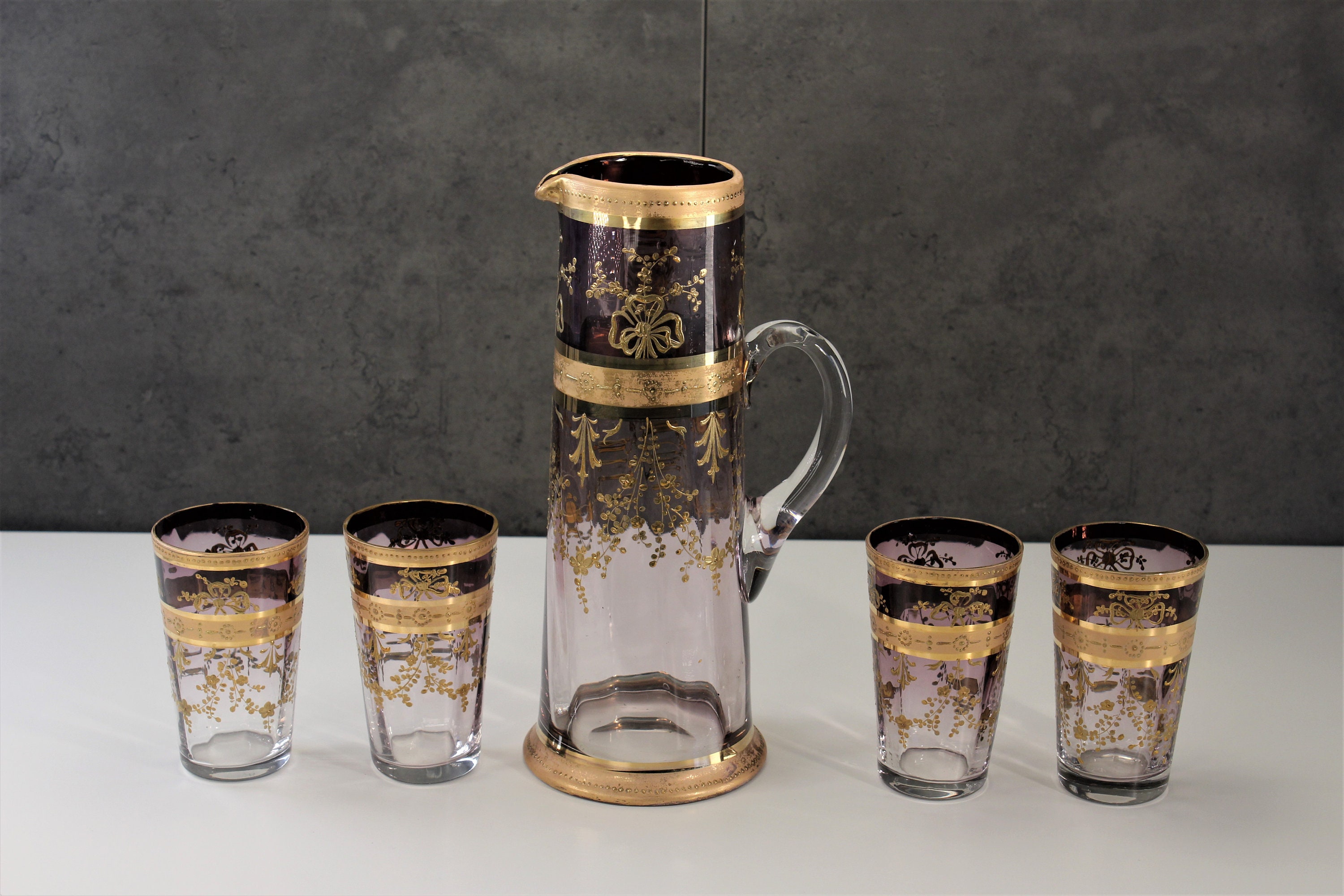 Antique Moser Purple Fade Glass Pitcher and Tumbler Set Gold