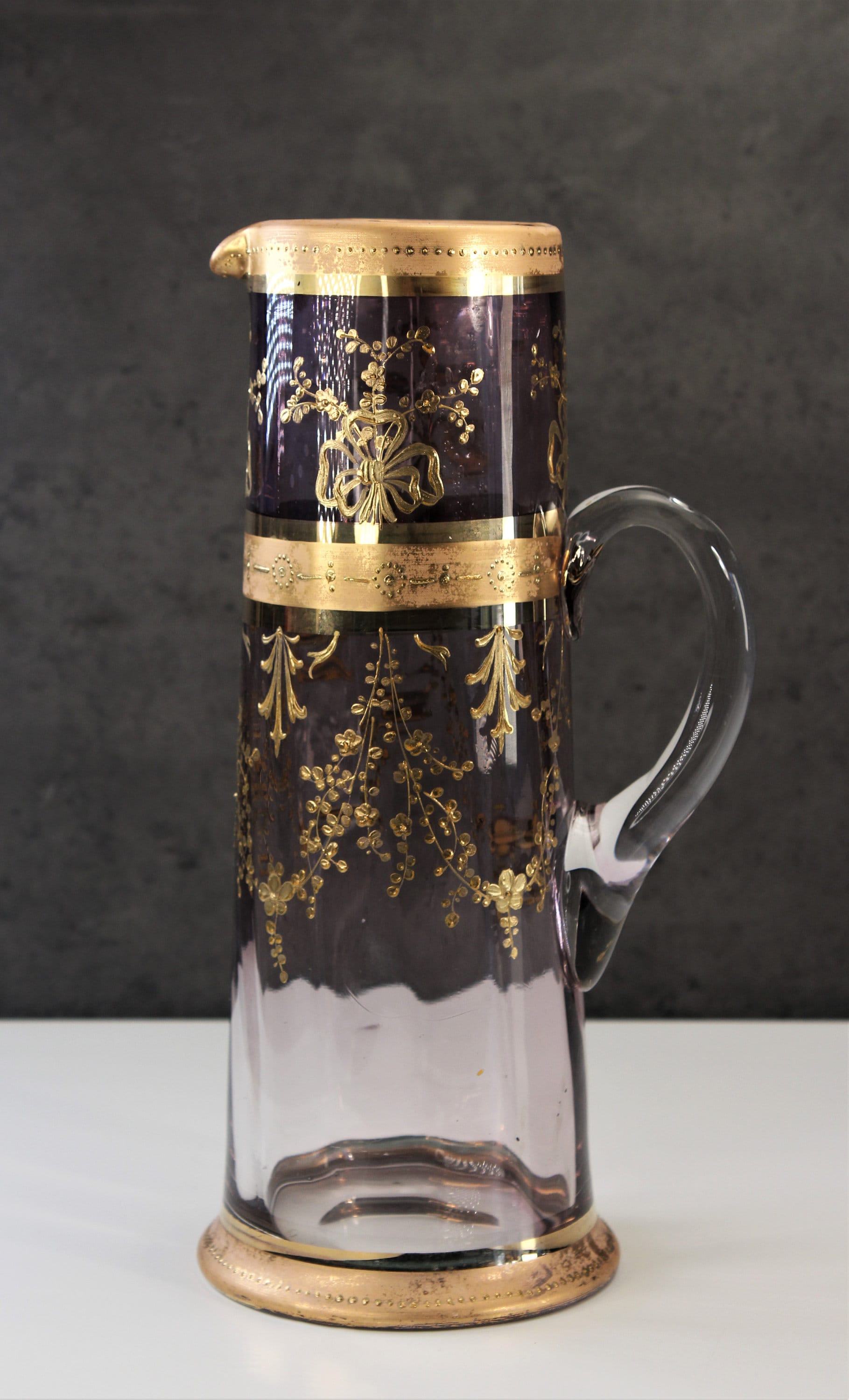 Antique Moser Purple Fade Glass Pitcher and Tumbler Set Gold