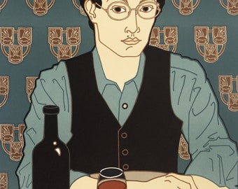 カフェ シェ・パニース　1980 デビッド・ランス・ゴインズ　リトグラフ額入り Original David Lance Goines Print Chez Panisse Self Portrait