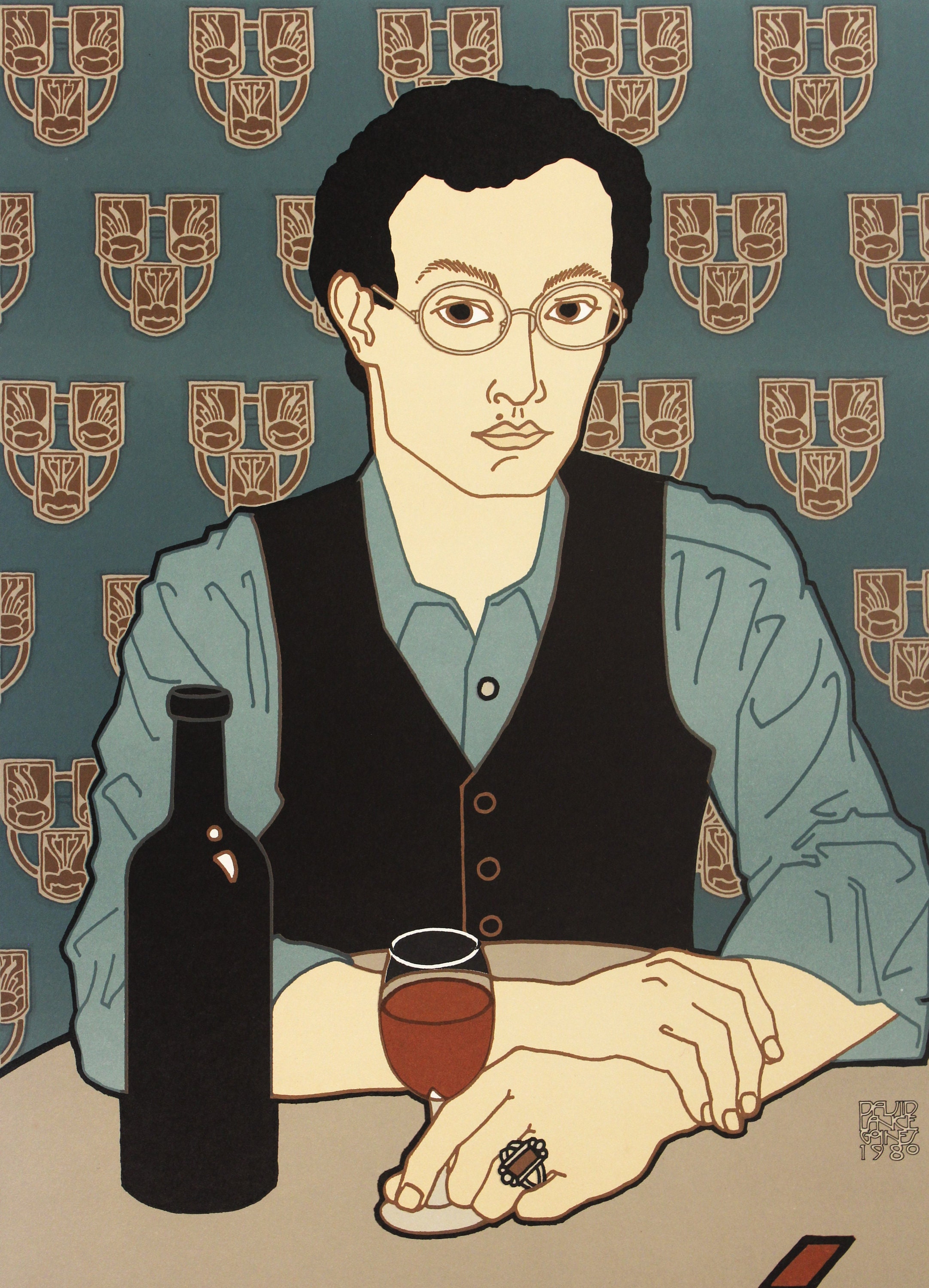 カフェ シェ・パニース　1980 デビッド・ランス・ゴインズ　リトグラフ額入り Original David Lance Goines Print Chez Panisse Self Portrait
