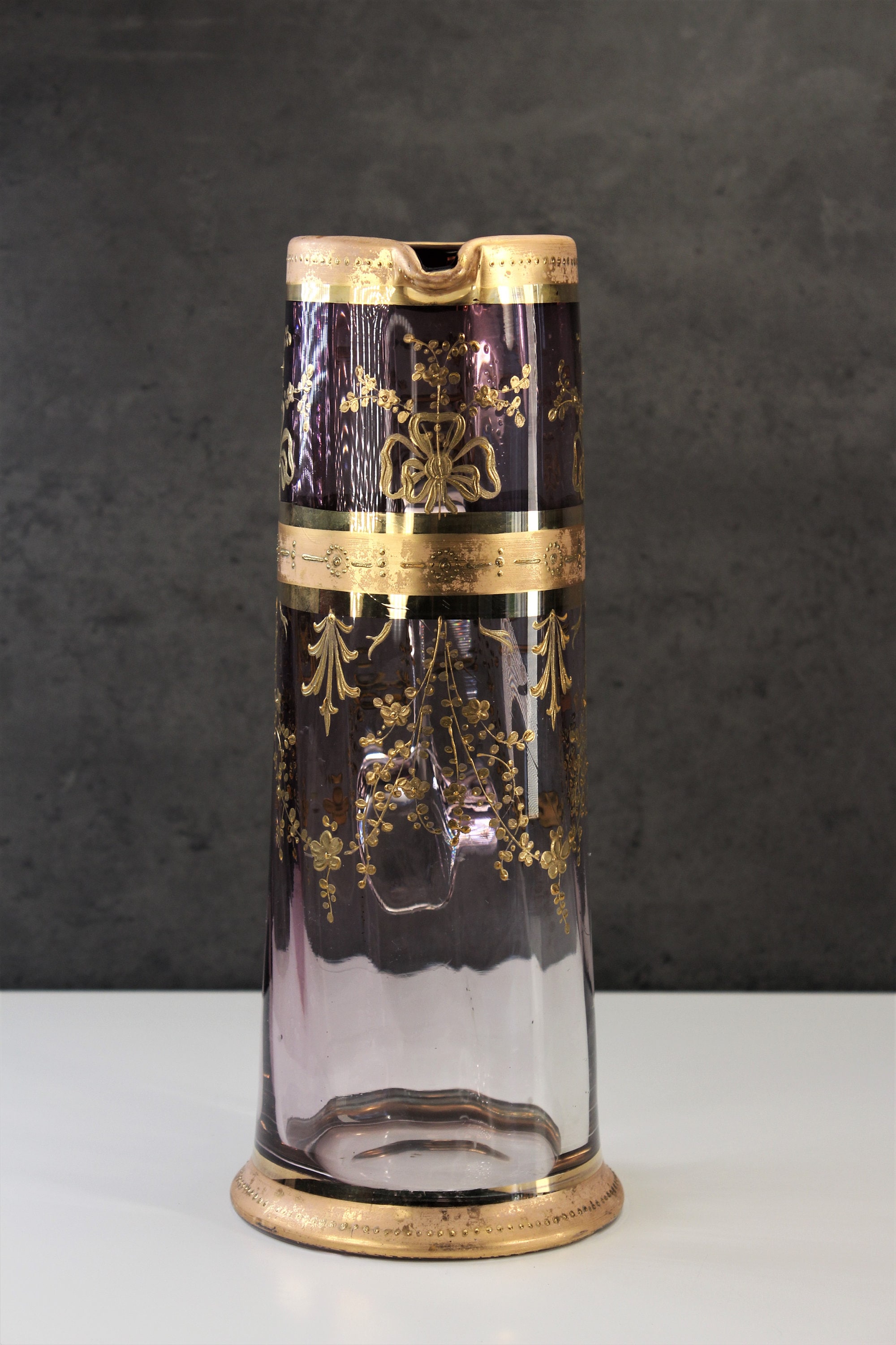 Antique Moser Purple Fade Glass Pitcher and Tumbler Set Gold