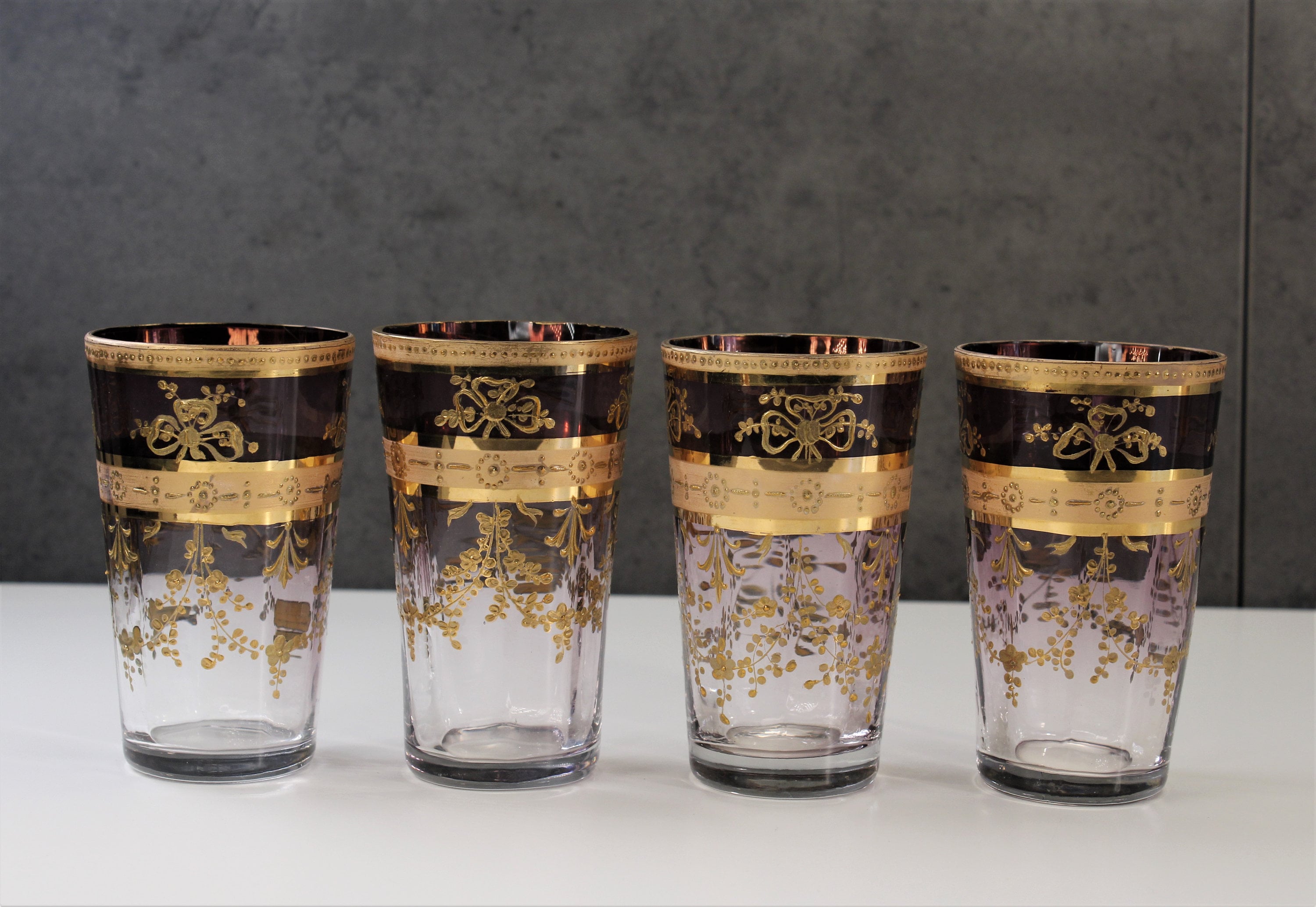 Antique Moser Purple Fade Glass Pitcher and Tumbler Set Gold