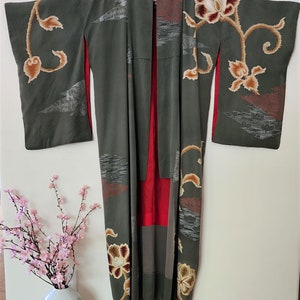 Stunning Meiji Period kimoni resist dyed with peony flowers and urushi lacquer woven details in silver gold and red.