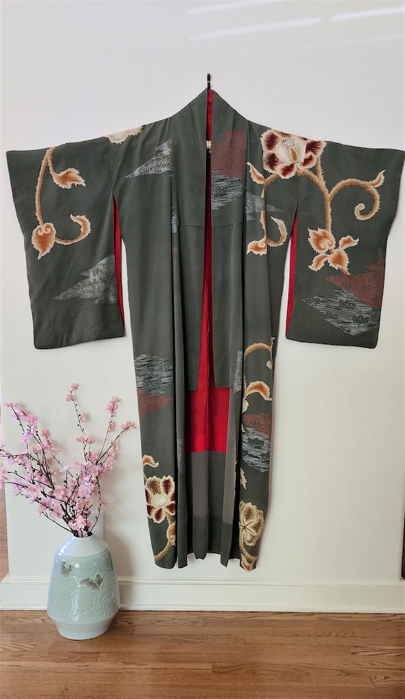 Meiji Period Furisodo Kimono Green Omeshi Silk Peonies Paulownia Pine and Bamboo