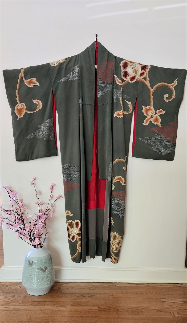Stunning Meiji Period kimoni resist dyed with peony flowers and urushi lacquer woven details in silver gold and red.