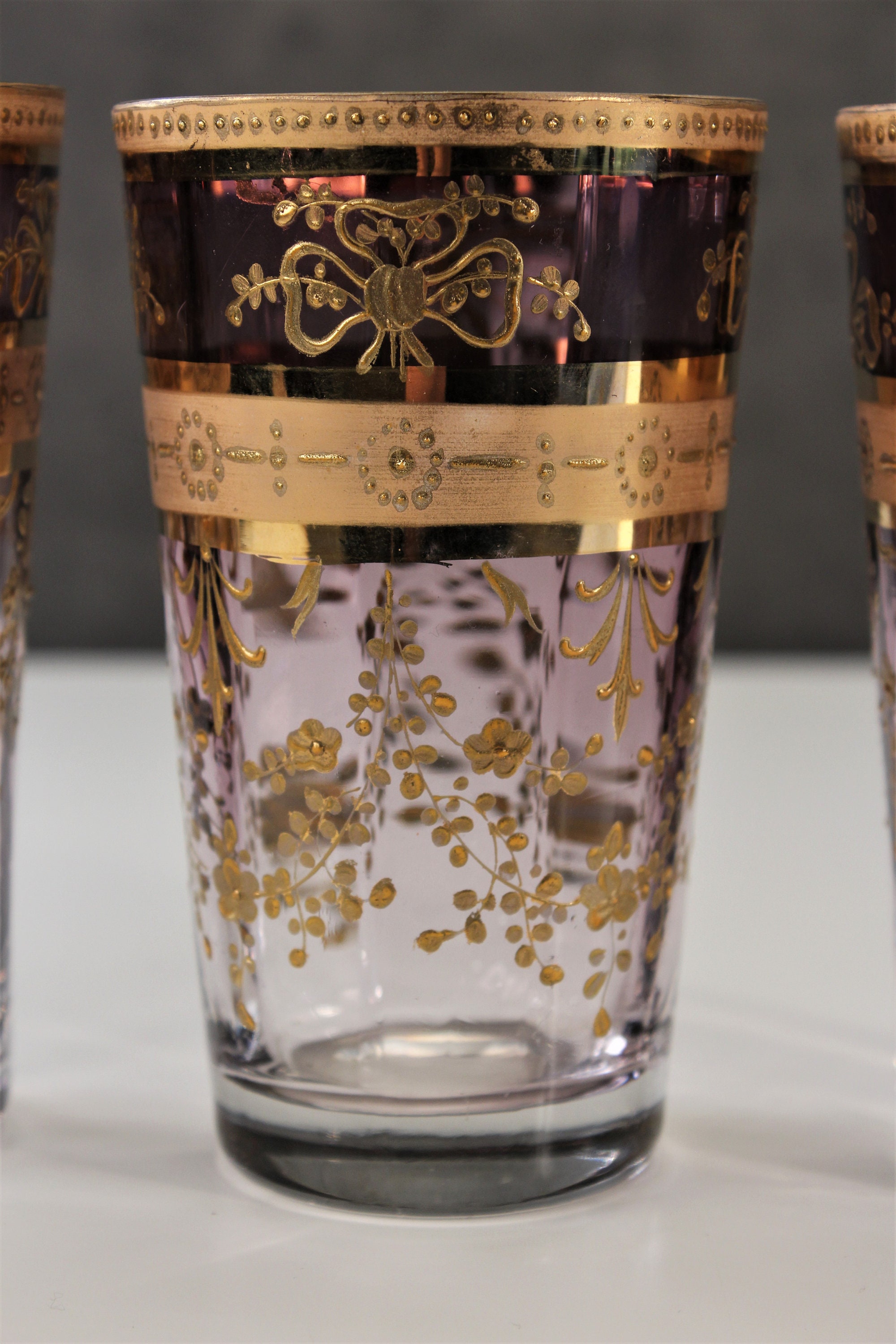 Moser 紫のガラスカップ 専用箱付き Antique Moser Purple Fade Glass Pitcher and Tumbler Set Gold