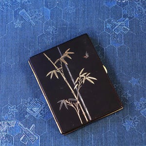 bamboo cigarette case Damascene Cigarette Case Japanese Gold and Silver Inlay Bamboo and Bird  Decoration Antique Shakudo