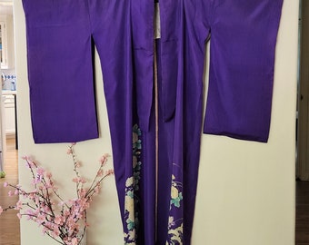 Antique Ro Silk Natsu No Kimono Purple Flower Decoration Taisho Period