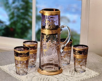 Antique Moser Purple Fade Glass Pitcher and Tumbler Set Gold Enamel Flowers