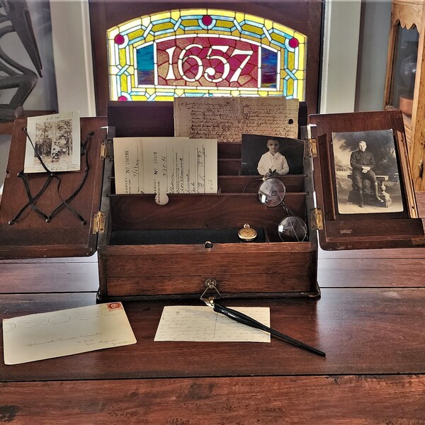 Victorian Oak Stationery Box Antique Campaign Desk Circa 1880s