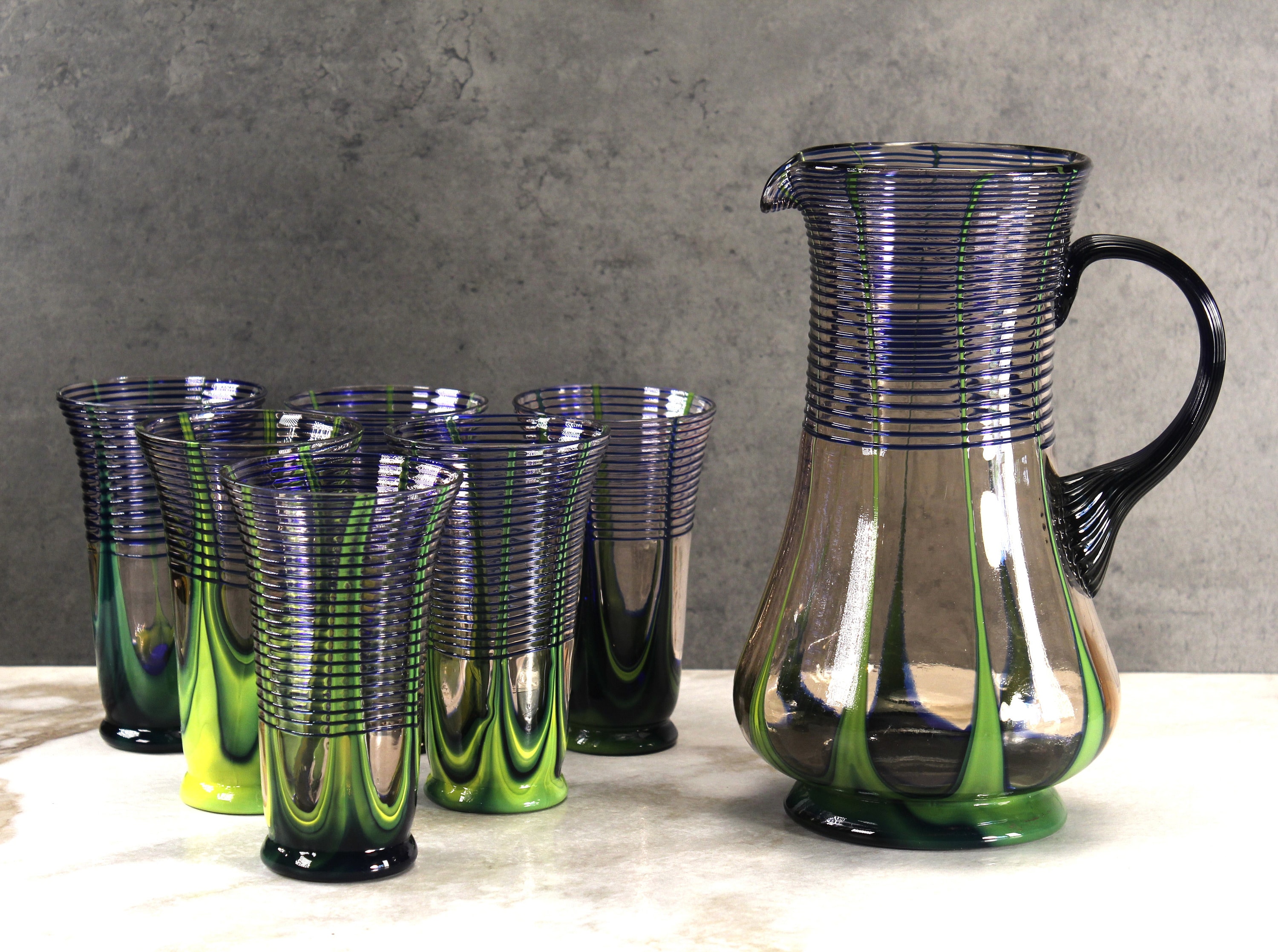 Kralik or Ernst Steinwald Bohemian Glass Pitcher and Tumbler