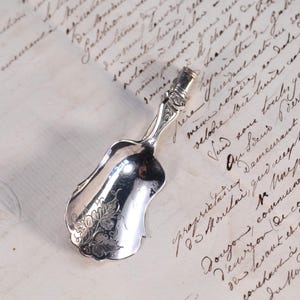 May include: A small, ornate silver scoop with a detailed handle and floral engraving on the bowl. The scoop is set against a backdrop of aged, handwritten documents, suggesting a vintage or antique item.