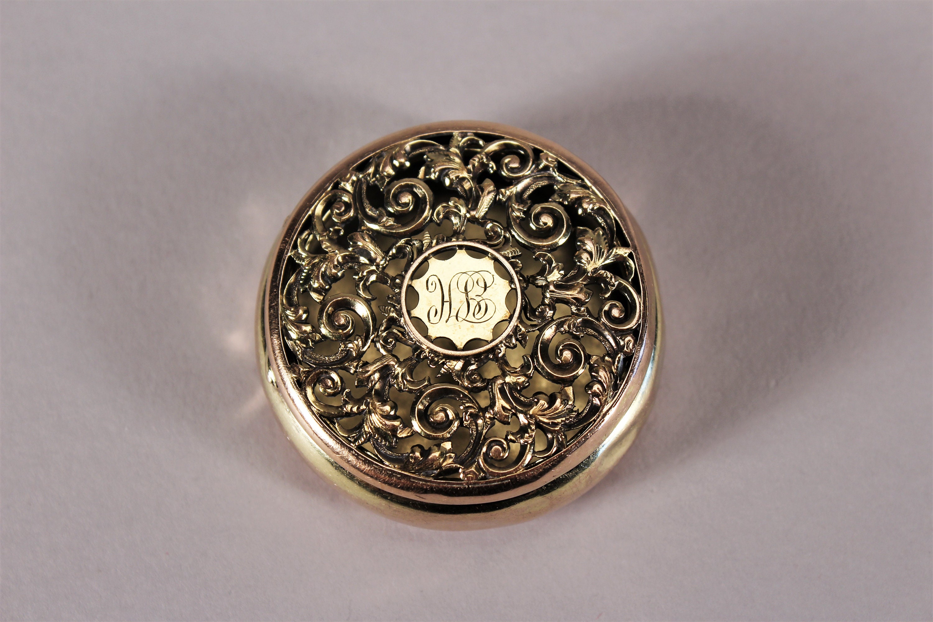 Vinaigrette or Pomander Gold Filled Hinged Box Pierced Scrollwork Victorian Antique