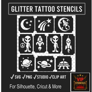 Plantillas de tatuajes con brillantina: Alienígena, Luna y Estrellas SVG (Descarga digital)