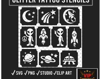 Glitzer Tattoo Schablonen: Alien, Mond, Sterne SVG (Digitaler Download)